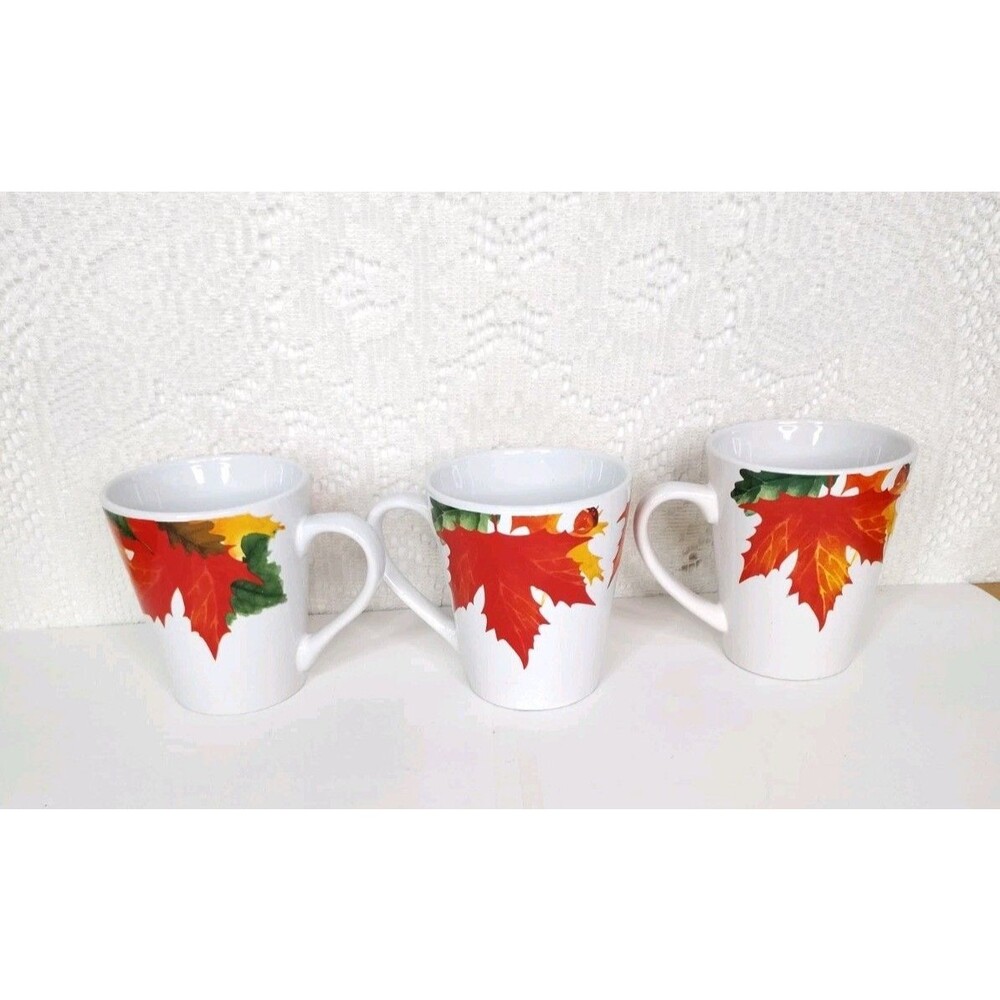 Greenbrier International Ceramic Fall Leaf Coffee Mugs White 3pc 10 fl oz - Picture 12 of 12